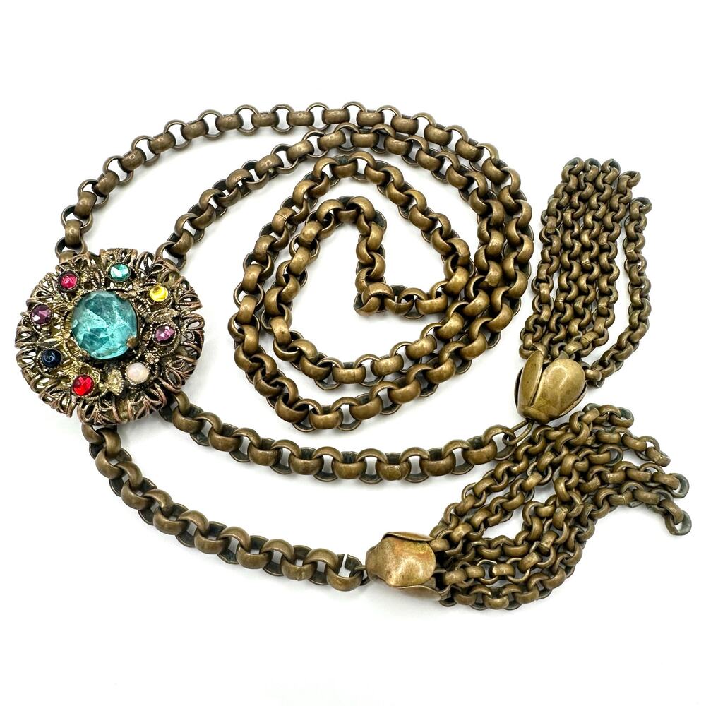 Antique Art Deco gold tone brass Czech glass rhinestones slider tassel necklace